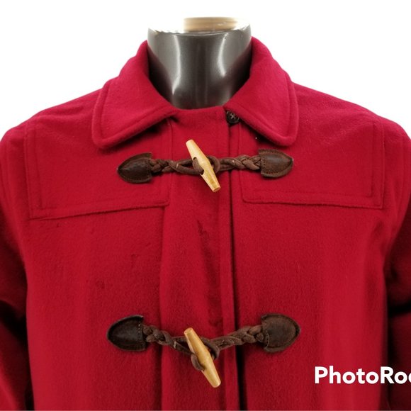 Vtg L.L. Bean Red 100% Wool Toggle Plaid Blanket Hooded Coat Jacket 8 MED USA - Picture 3 of 13